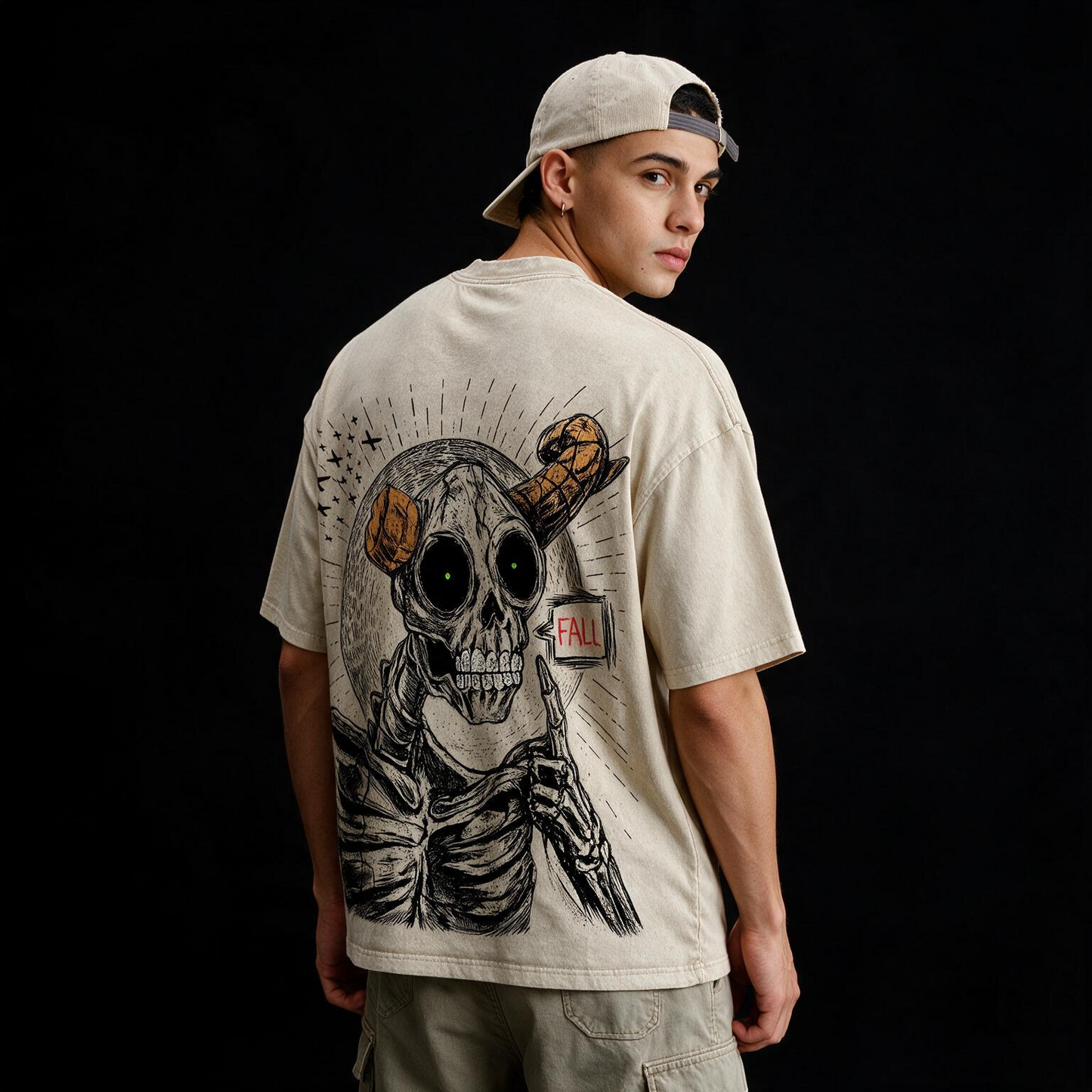 Fall Skeleton Printed Pure Cotton Oversized Off White T-shirt