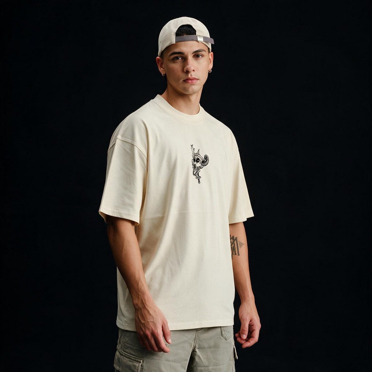 Fall Skeleton Printed Pure Cotton Oversized Off White T-shirt