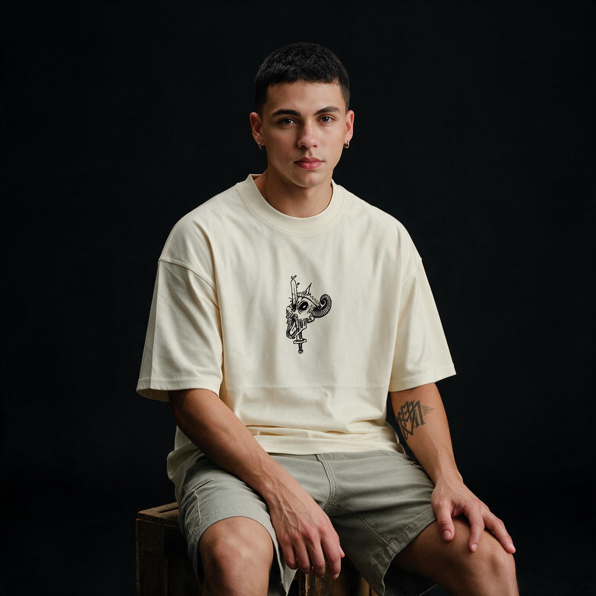 Fall Skeleton Printed Pure Cotton Oversized Off White T-shirt
