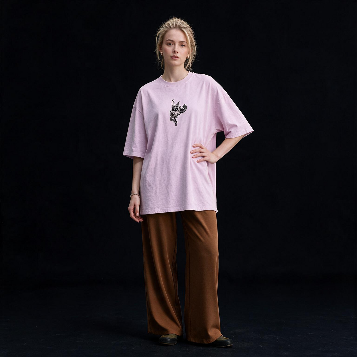 Fall Skeleton Printed Pure Cotton Oversized Lavender T-shirt