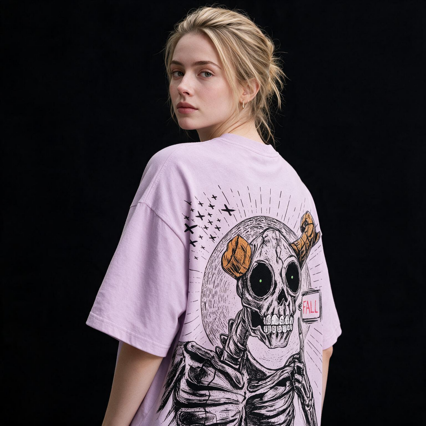Fall Skeleton Printed Pure Cotton Oversized Lavender T-shirt