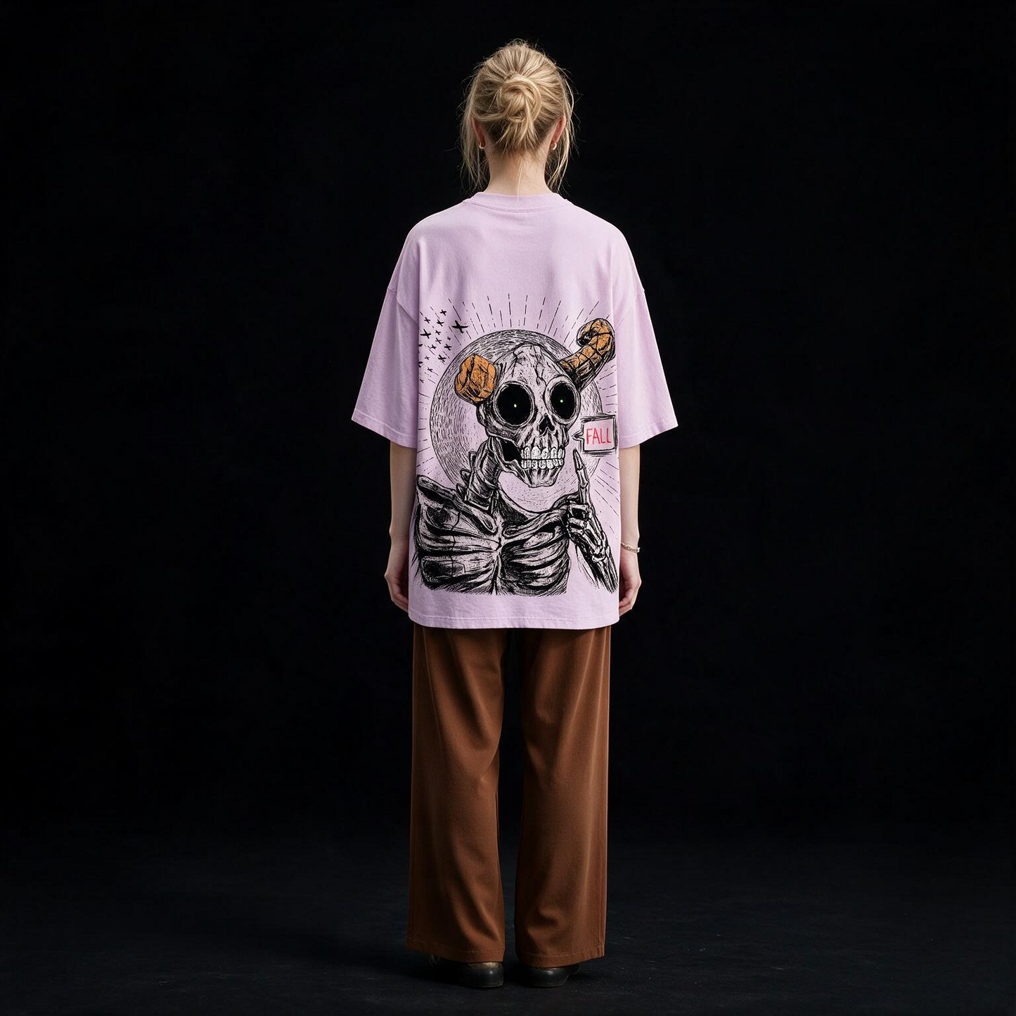 Fall Skeleton Printed Pure Cotton Oversized Lavender T-shirt
