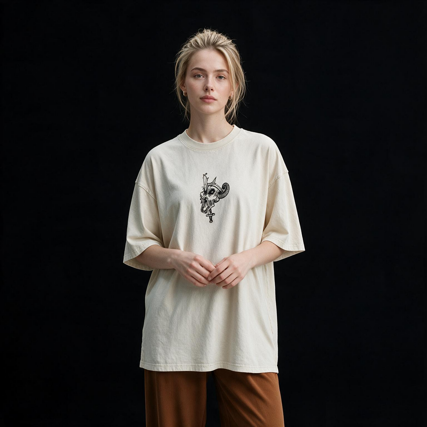 Fall Skeleton Printed Pure Cotton Oversized Off White T-shirt