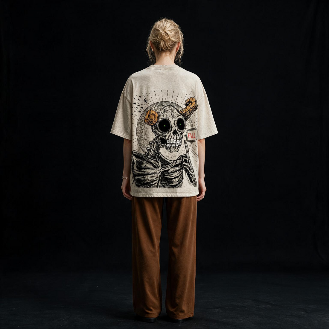 Fall Skeleton Printed Pure Cotton Oversized Off White T-shirt