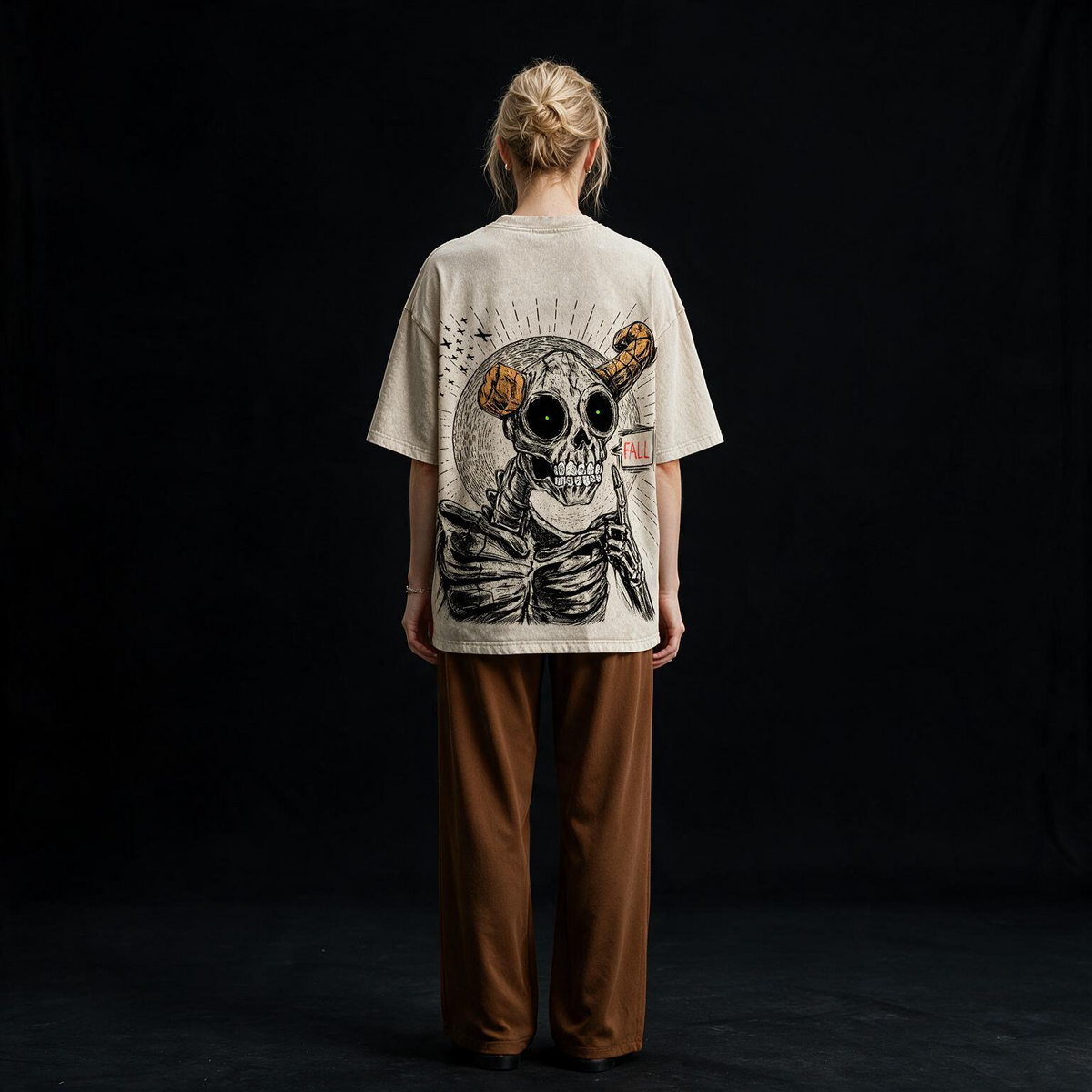 Fall Skeleton Printed Pure Cotton Oversized Off White T-shirt