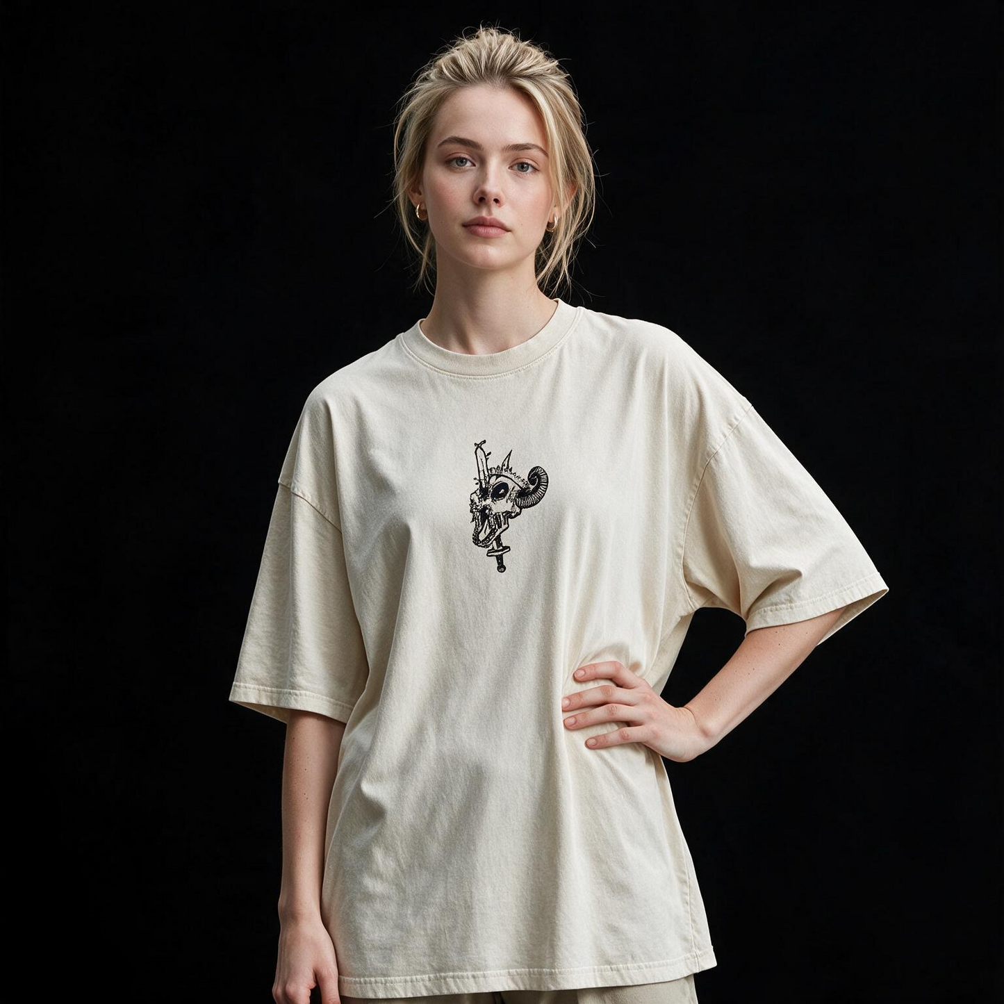 Fall Skeleton Printed Pure Cotton Oversized Off White T-shirt