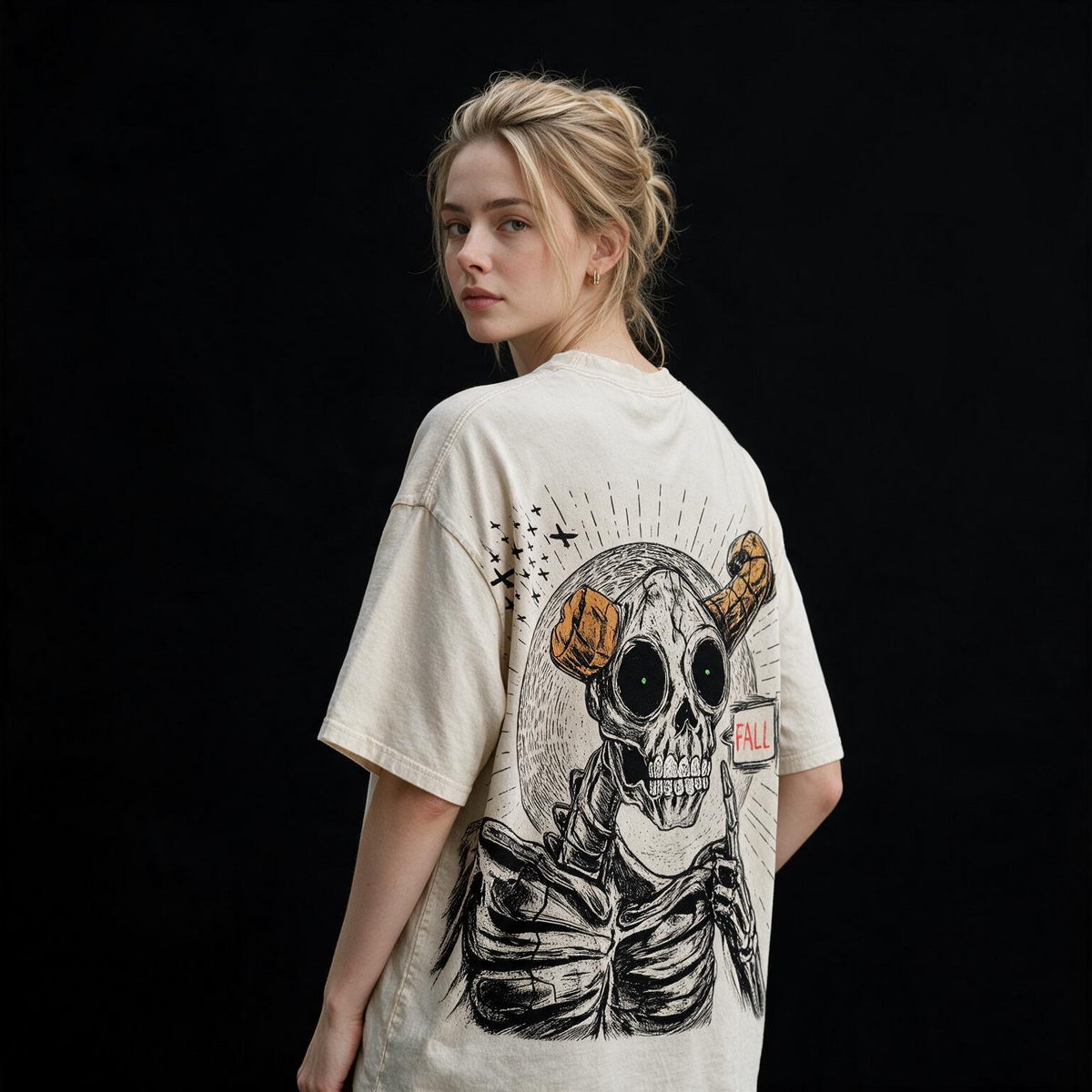Fall Skeleton Printed Pure Cotton Oversized Off White T-shirt