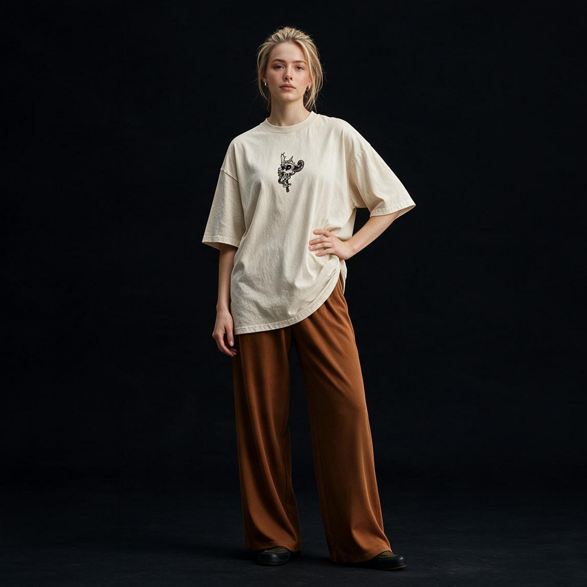 Fall Skeleton Printed Pure Cotton Oversized Off White T-shirt
