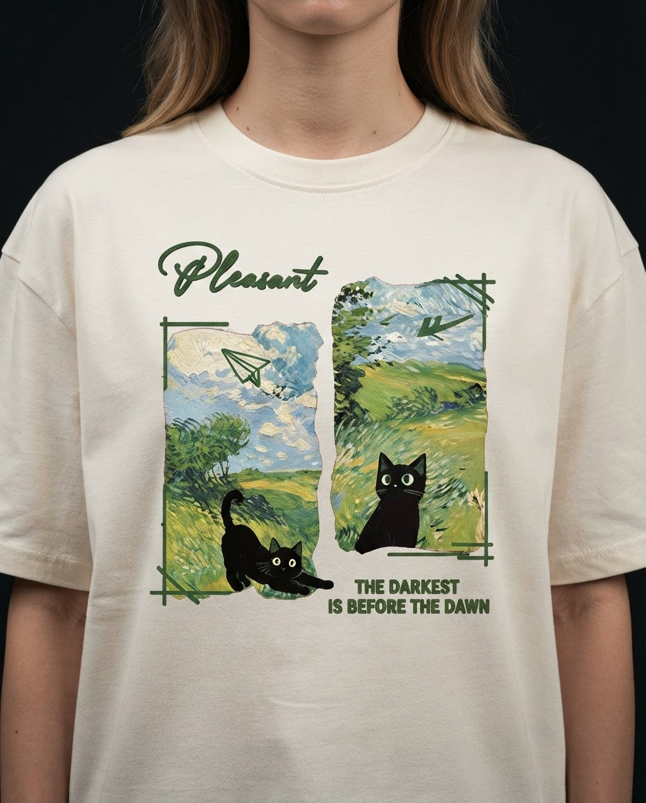 Forest Cat Printed Pure Cotton Oversized Off White T-shirt