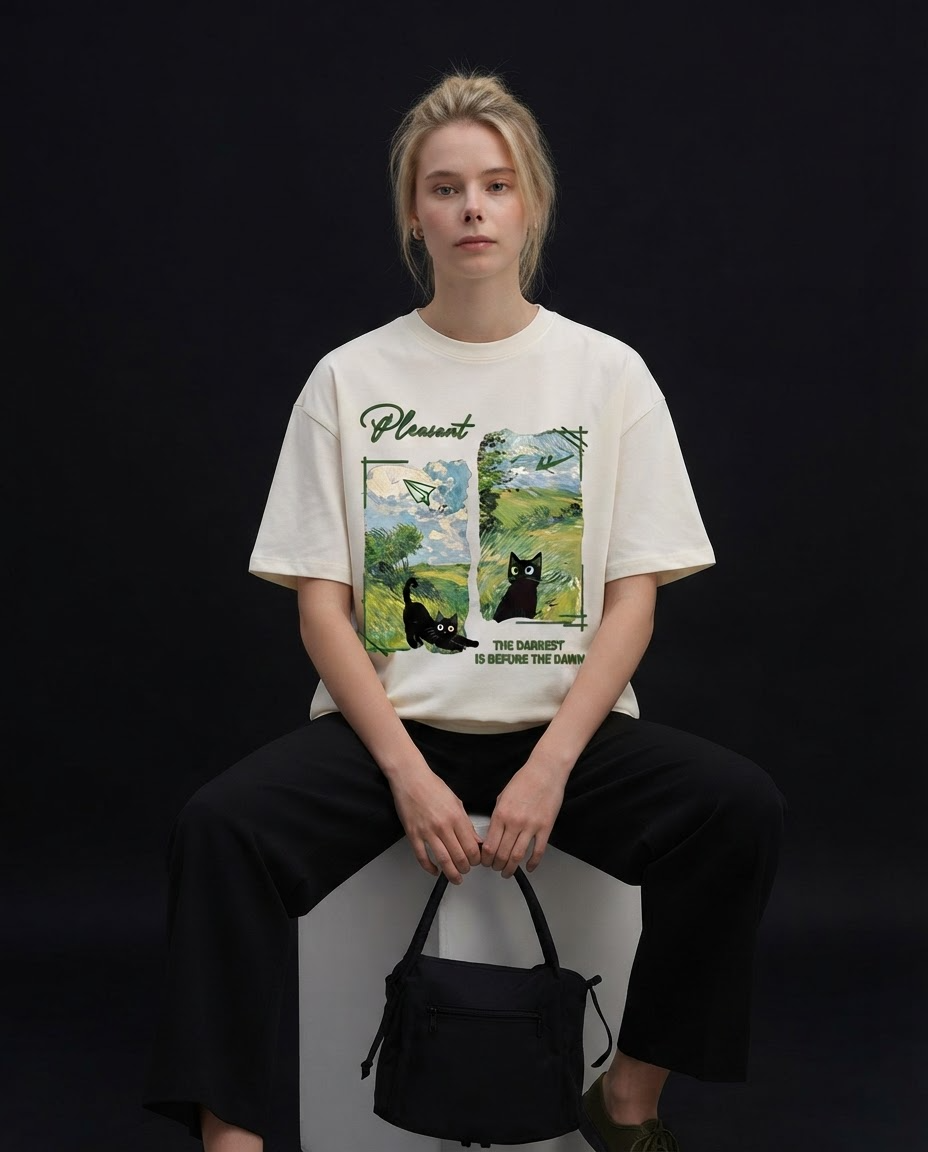 Forest Cat Printed Pure Cotton Oversized Off White T-shirt