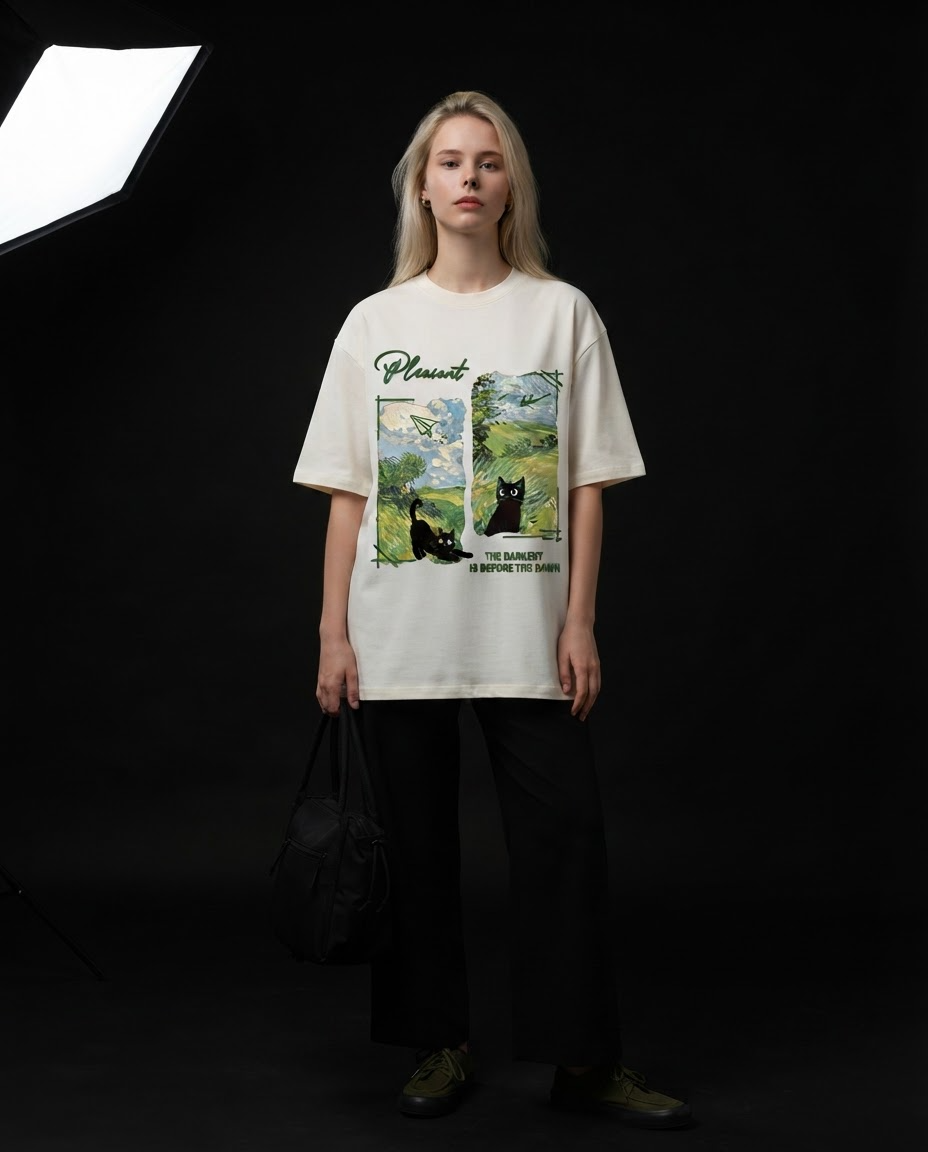 Forest Cat Printed Pure Cotton Oversized Off White T-shirt