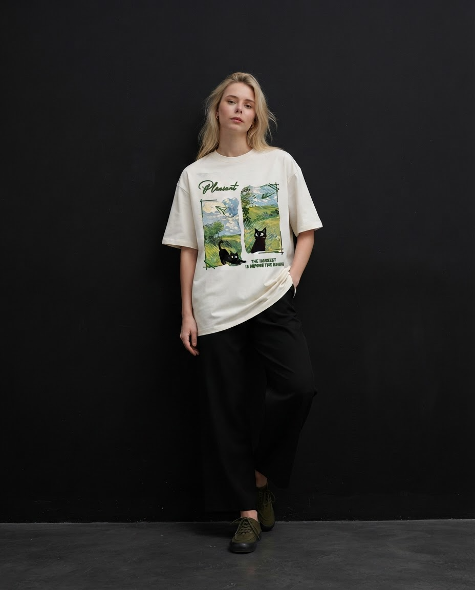 Forest Cat Printed Pure Cotton Oversized Off White T-shirt