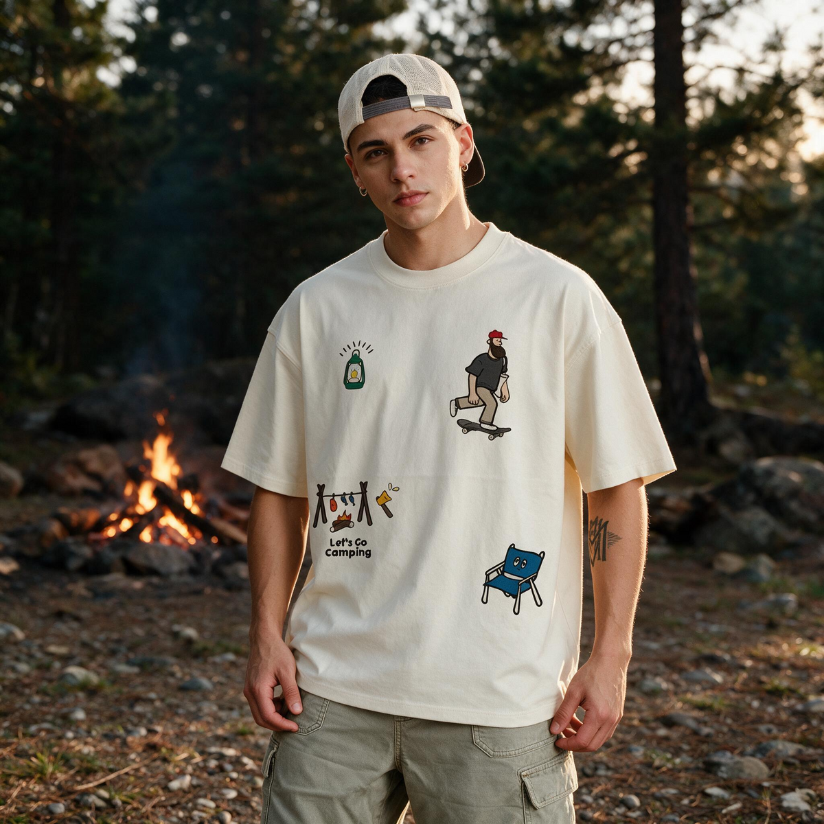 Let's Go Camping Printed Pure Cotton Oversized Off White T-shirt