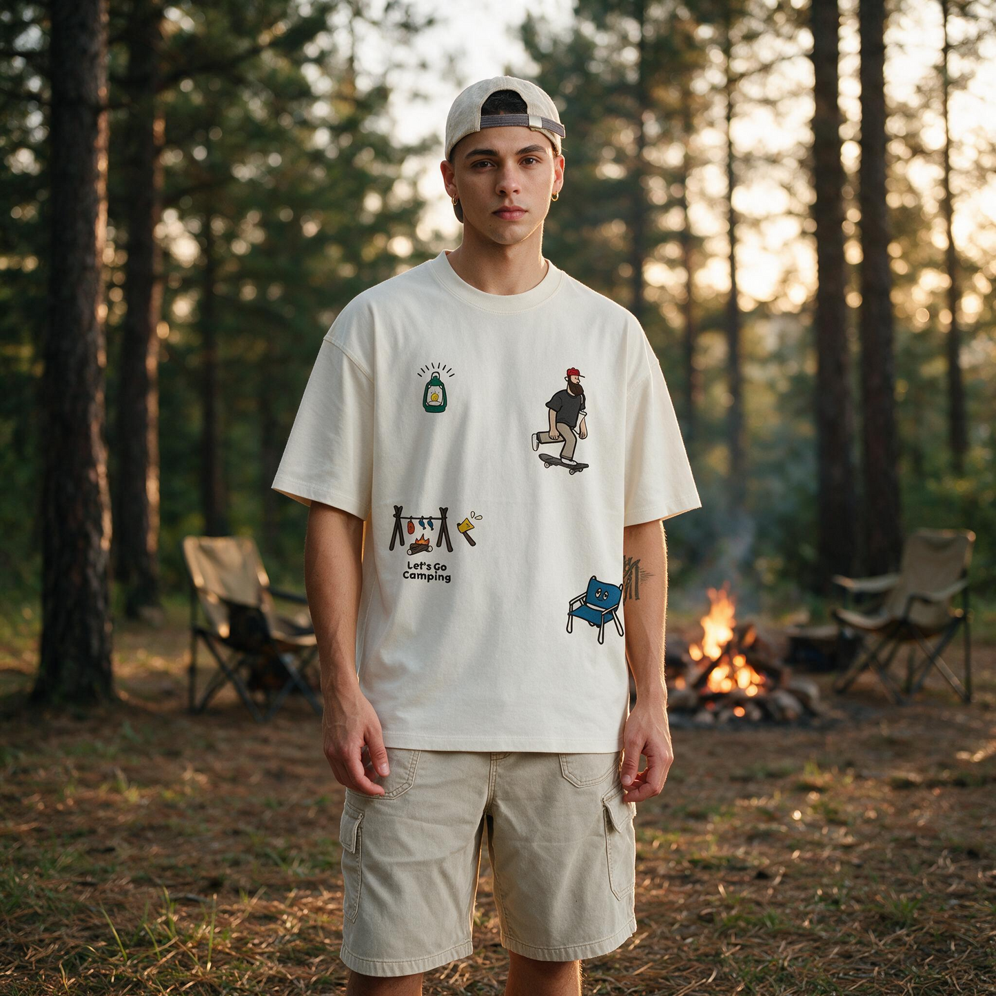 Let's Go Camping Printed Pure Cotton Oversized Off White T-shirt
