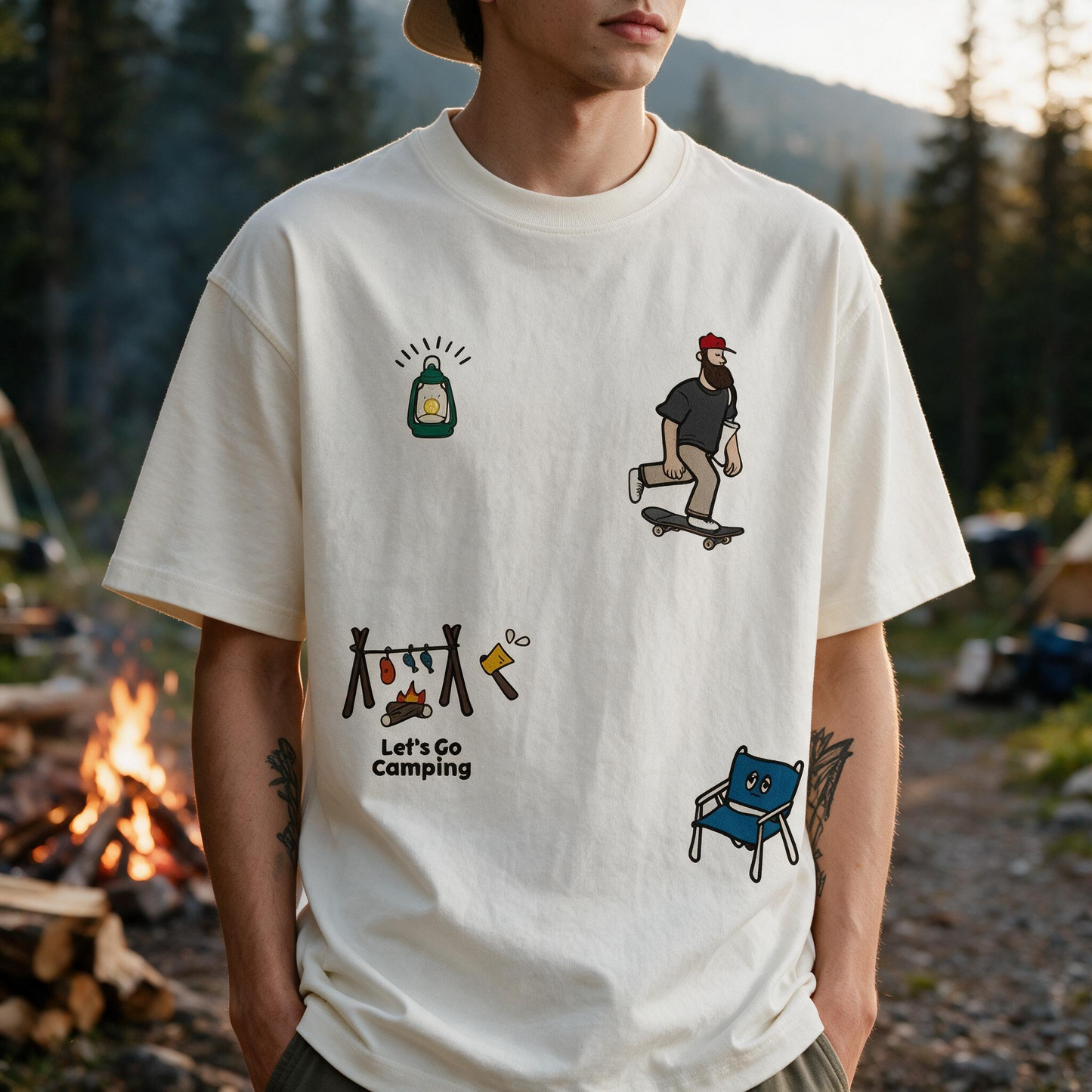 Let's Go Camping Printed Pure Cotton Oversized Off White T-shirt
