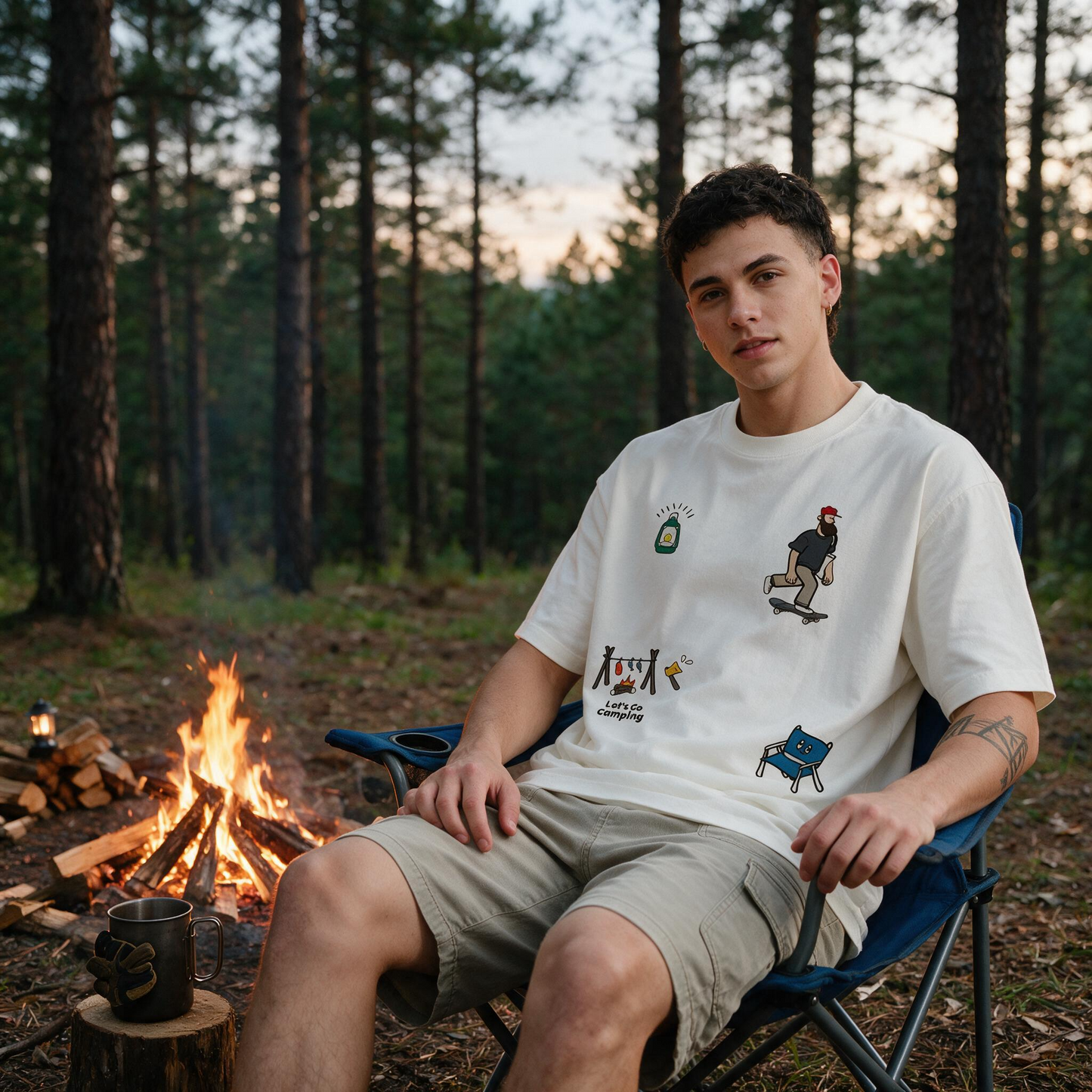 Let's Go Camping Printed Pure Cotton Oversized Off White T-shirt