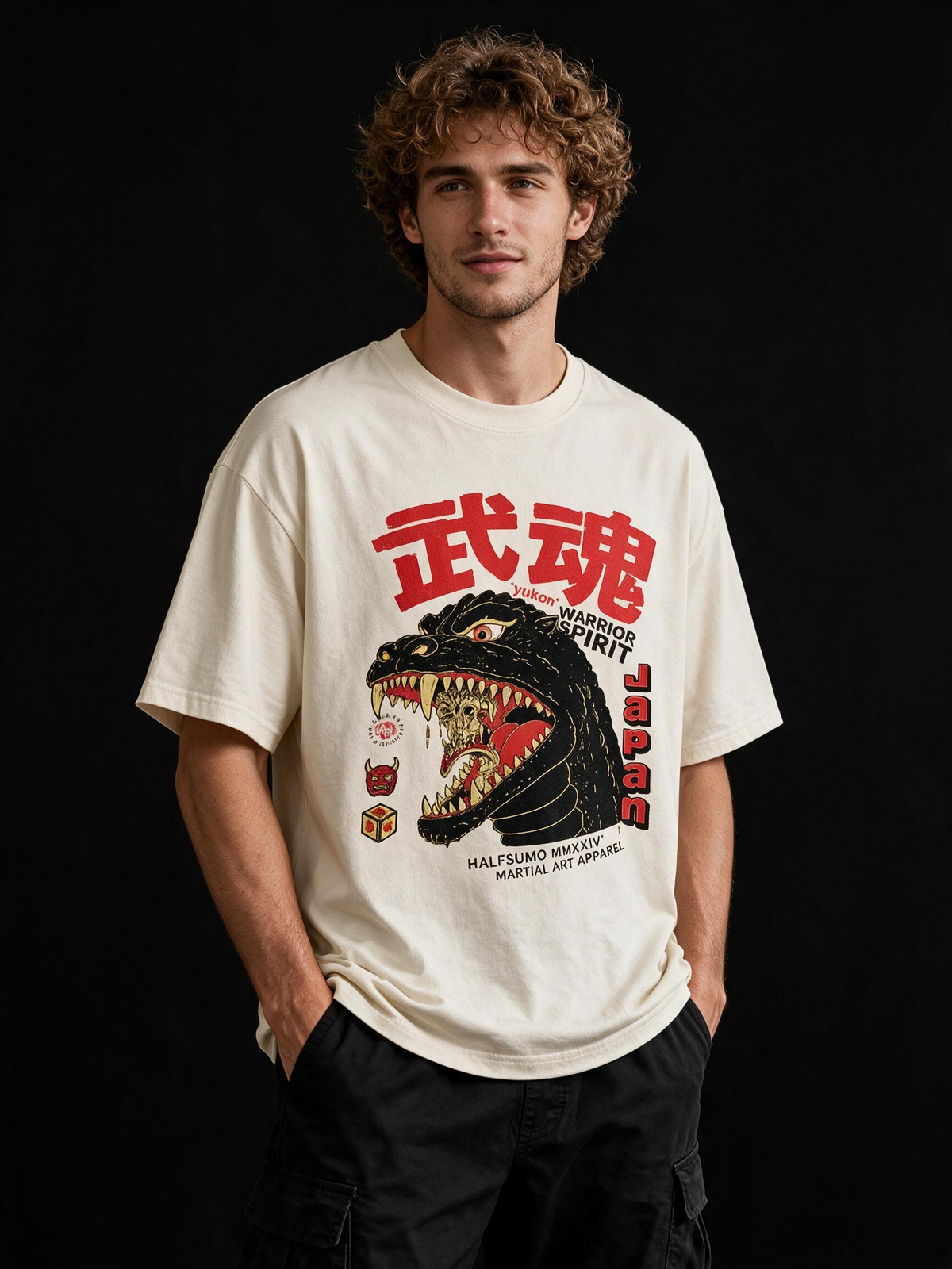 Monster Spirit Kaiju Printed Pure Cotton Oversized Off White T-shirt