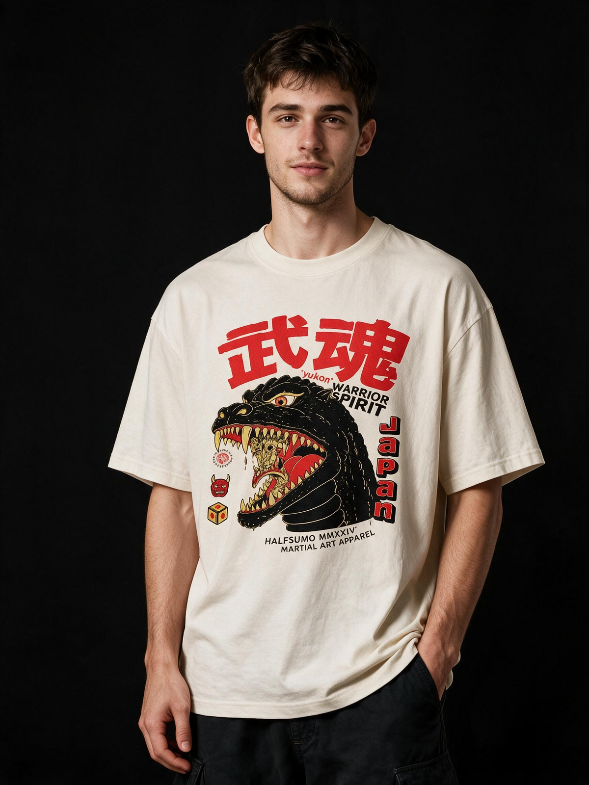 Monster Spirit Kaiju Printed Pure Cotton Oversized Off White T-shirt