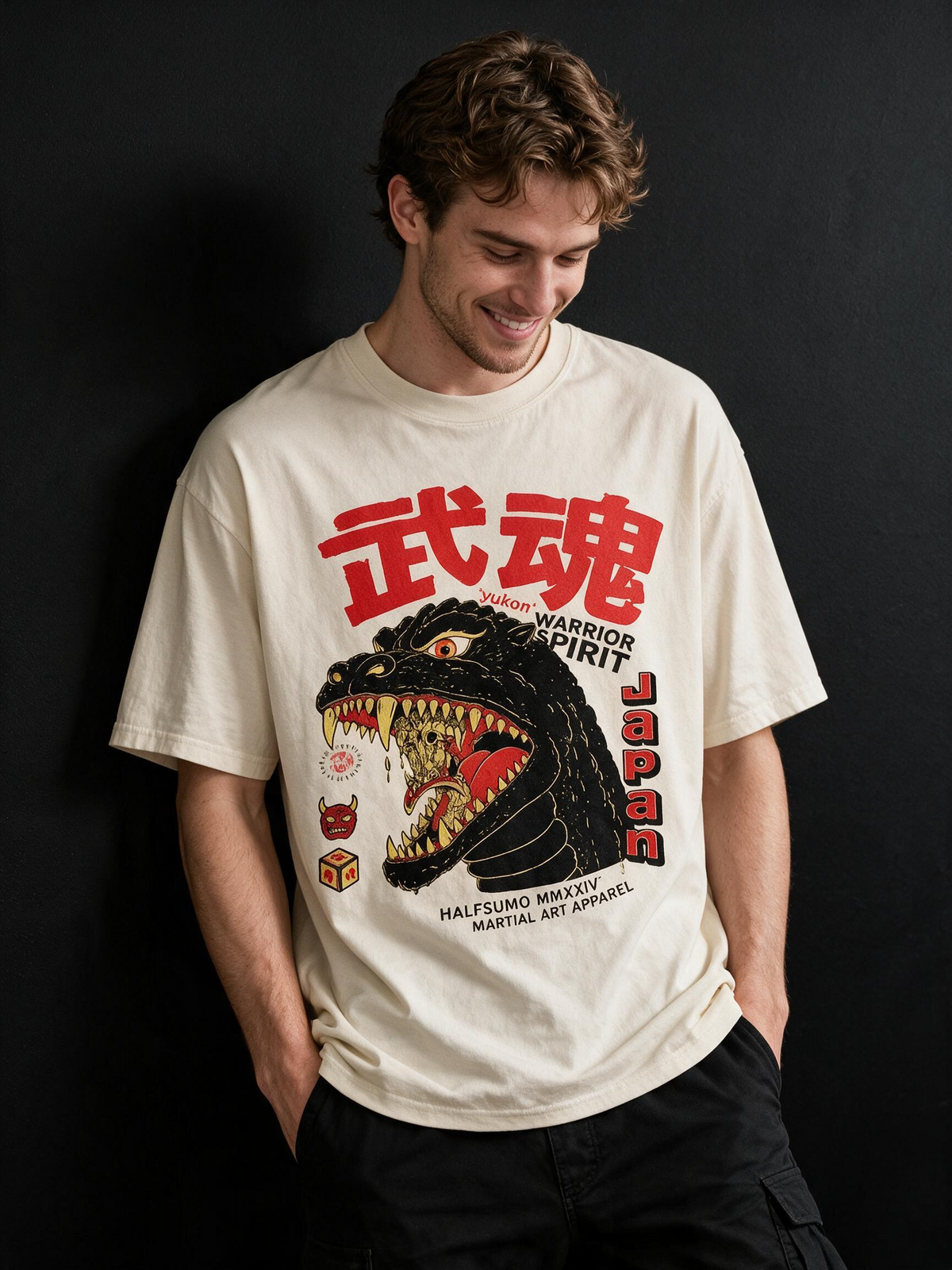 Monster Spirit Kaiju Printed Pure Cotton Oversized Off White T-shirt
