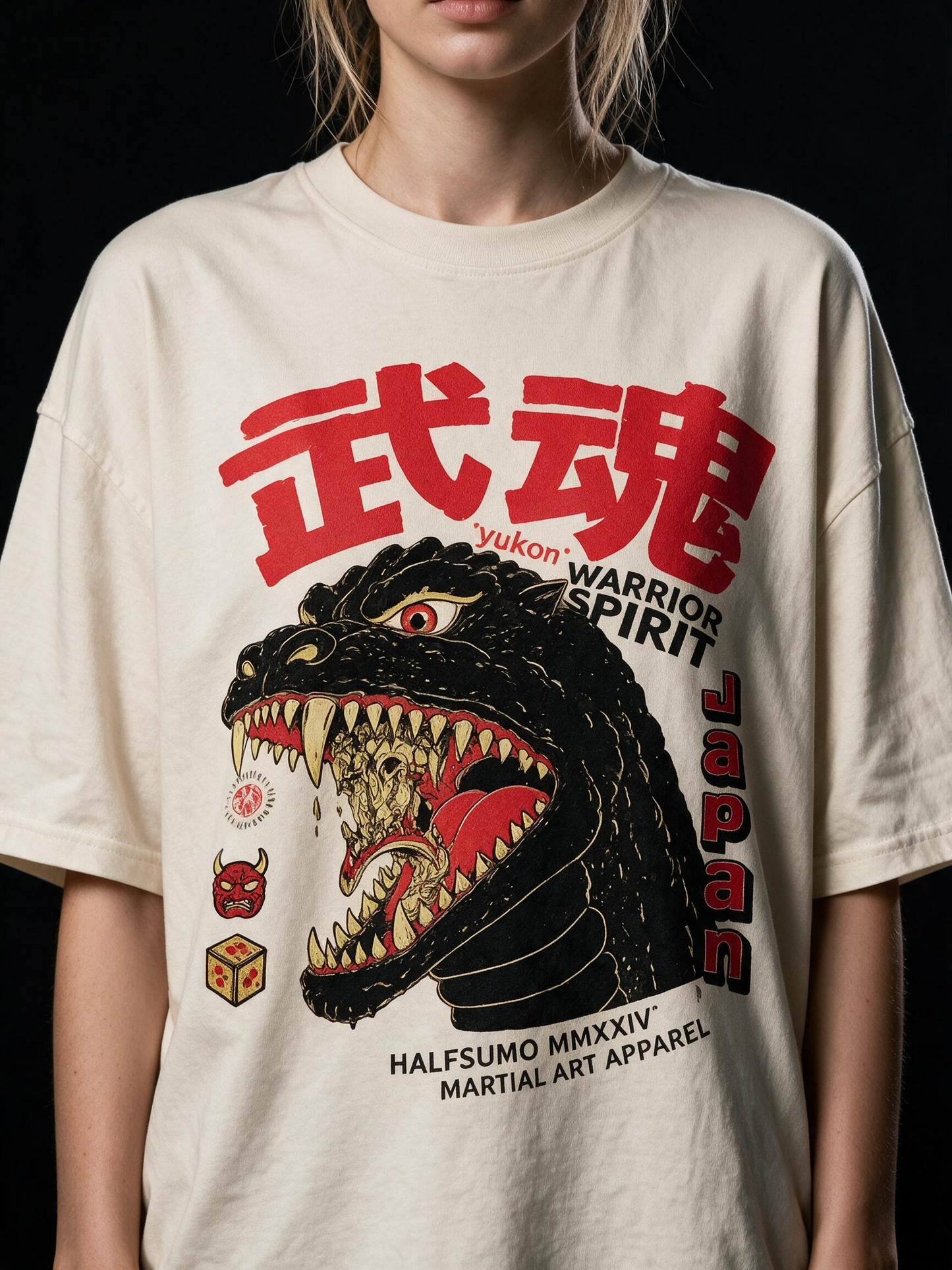 Monster Spirit Kaiju Printed Pure Cotton Oversized Off White T-shirt
