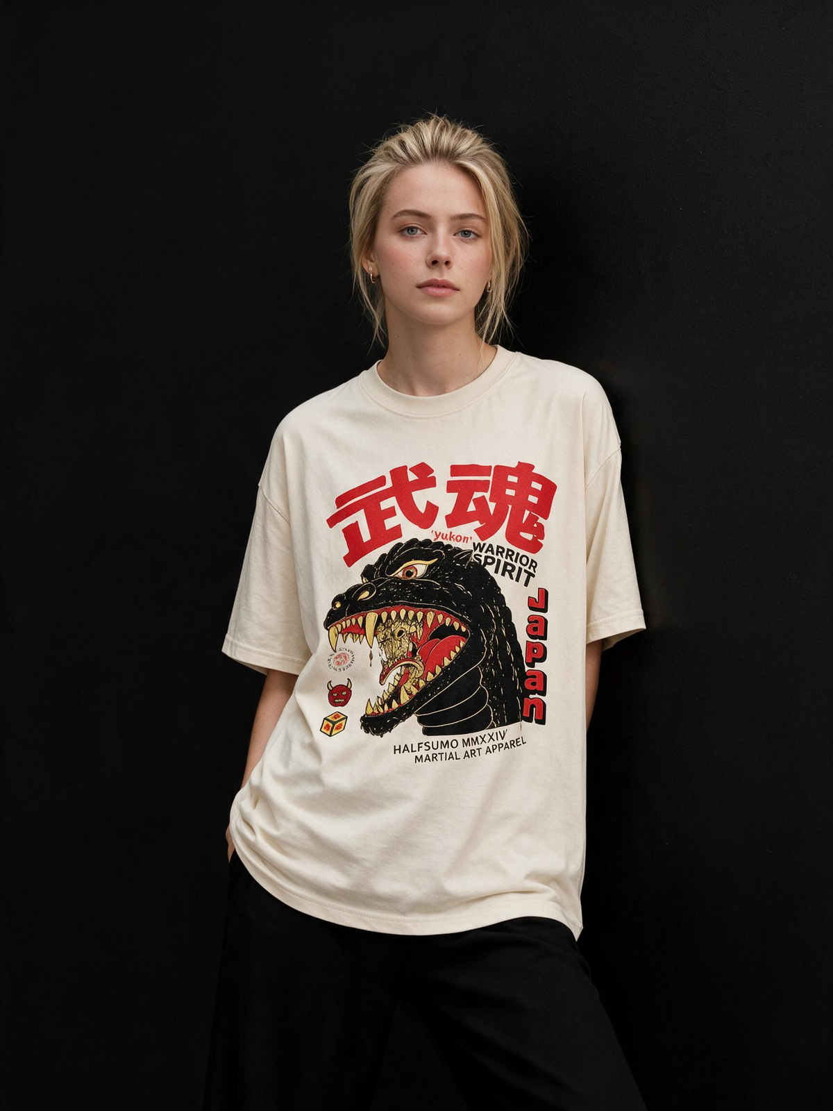 Monster Spirit Kaiju Printed Pure Cotton Oversized Off White T-shirt