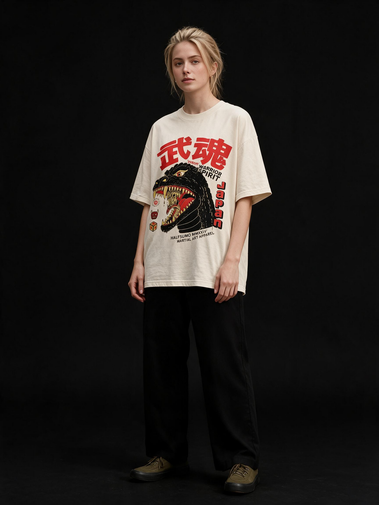 Monster Spirit Kaiju Printed Pure Cotton Oversized Off White T-shirt