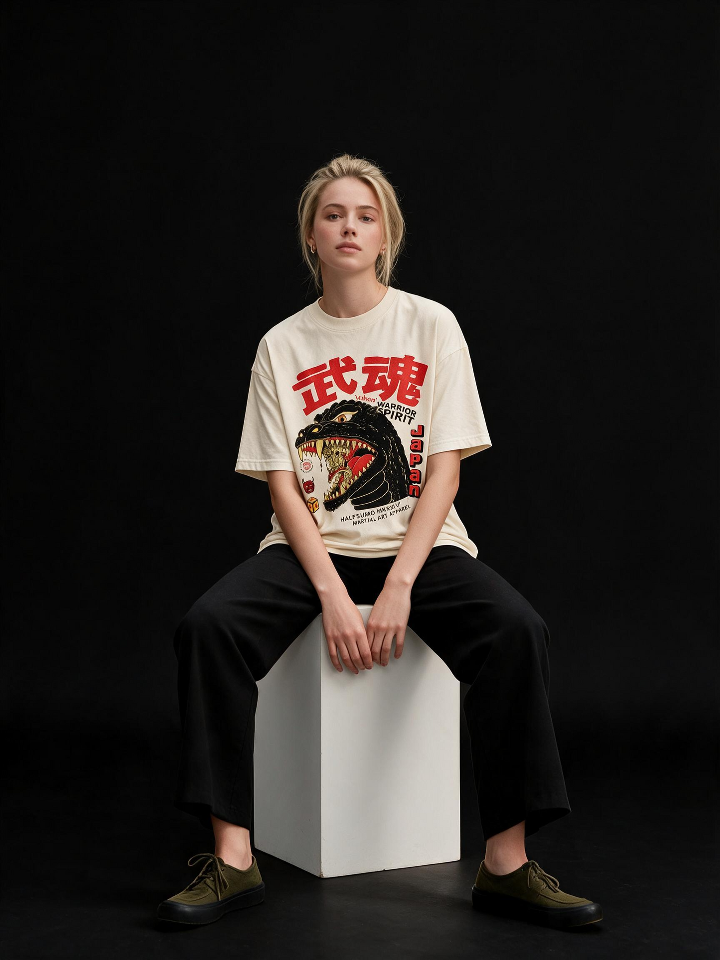 Monster Spirit Kaiju Printed Pure Cotton Oversized Off White T-shirt