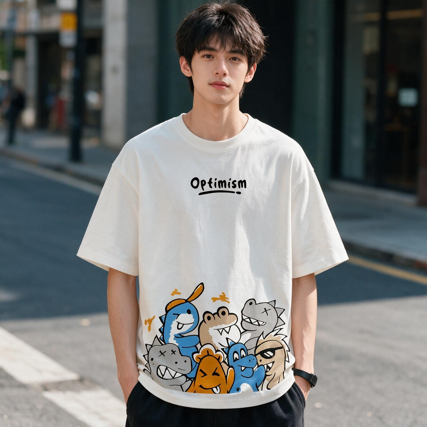 Optimism Cute Dino Squad Printed Pure Cotton Oversized Off White T-shirt