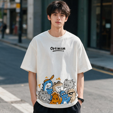 Optimism Cute Dino Squad Printed Pure Cotton Oversized Off White T-shirt