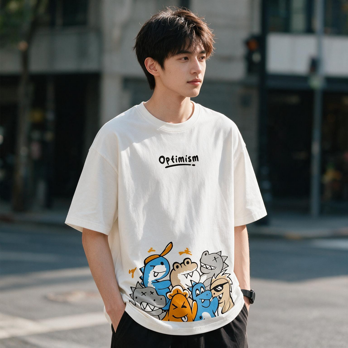 Optimism Cute Dino Squad Printed Pure Cotton Oversized Off White T-shirt