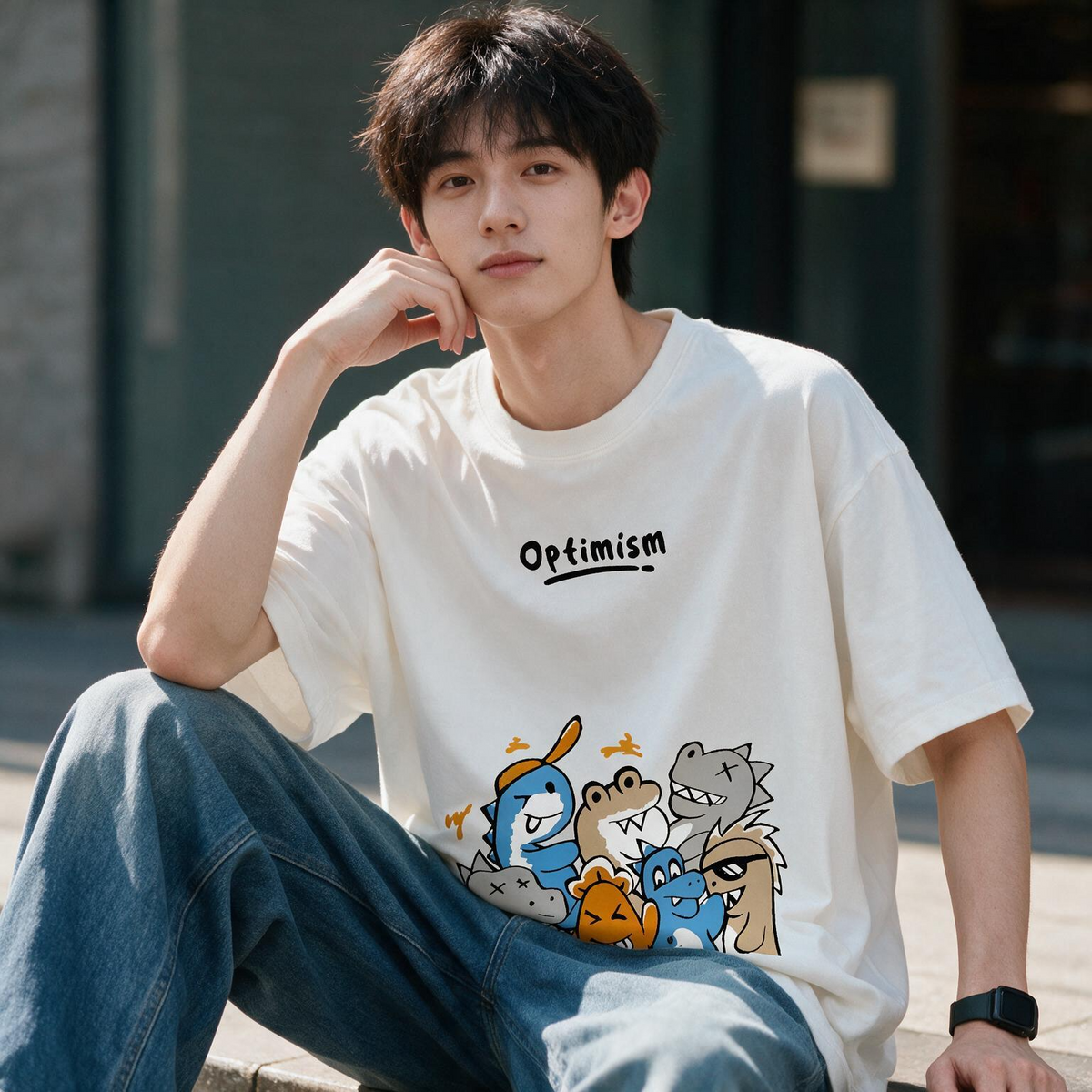 Optimism Cute Dino Squad Printed Pure Cotton Oversized Off White T-shirt