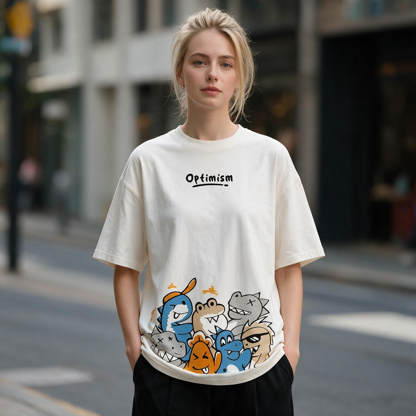 Optimism Cute Dino Squad Printed Pure Cotton Oversized Off White T-shirt