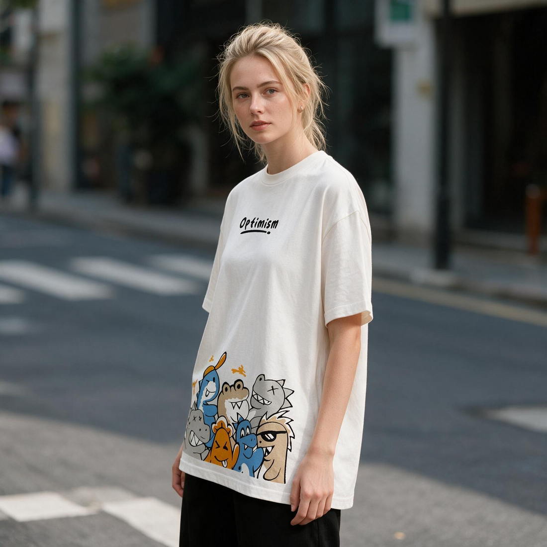 Optimism Cute Dino Squad Printed Pure Cotton Oversized Off White T-shirt