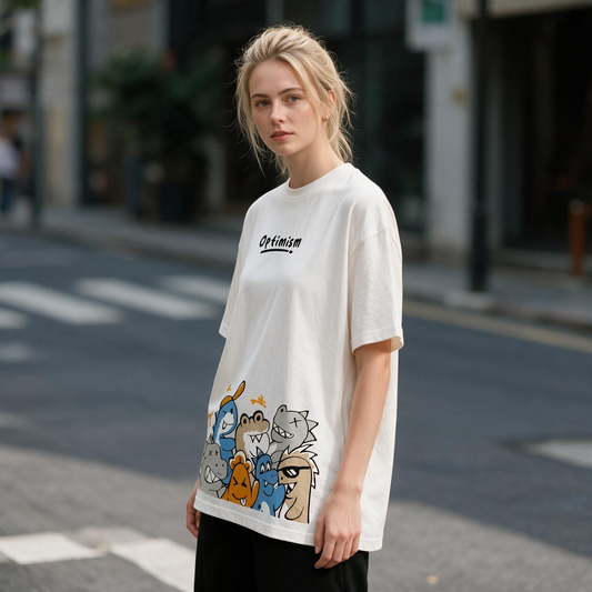 Optimism Cute Dino Squad Printed Pure Cotton Oversized Off White T-shirt