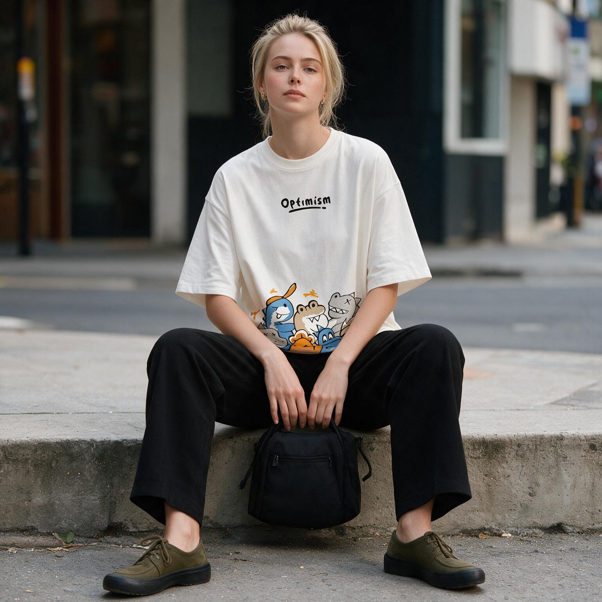 Optimism Cute Dino Squad Printed Pure Cotton Oversized Off White T-shirt