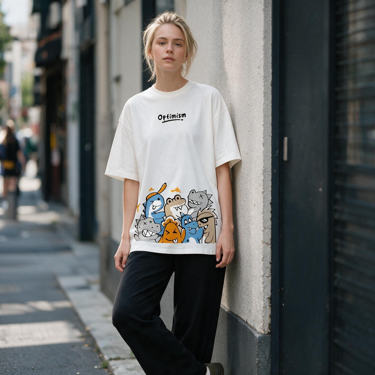 Optimism Cute Dino Squad Printed Pure Cotton Oversized Off White T-shirt
