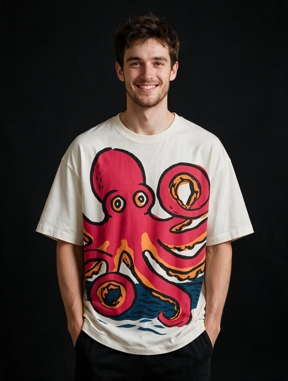 Red Chill Octopus Printed Pure Cotton Oversized Off White T-shirt