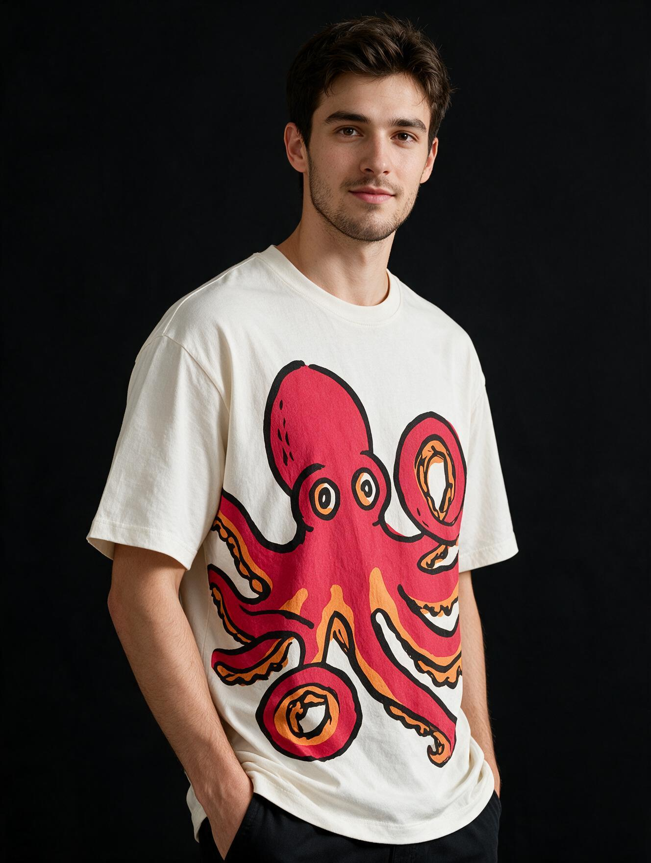 Red Chill Octopus Printed Pure Cotton Oversized Off White T-shirt
