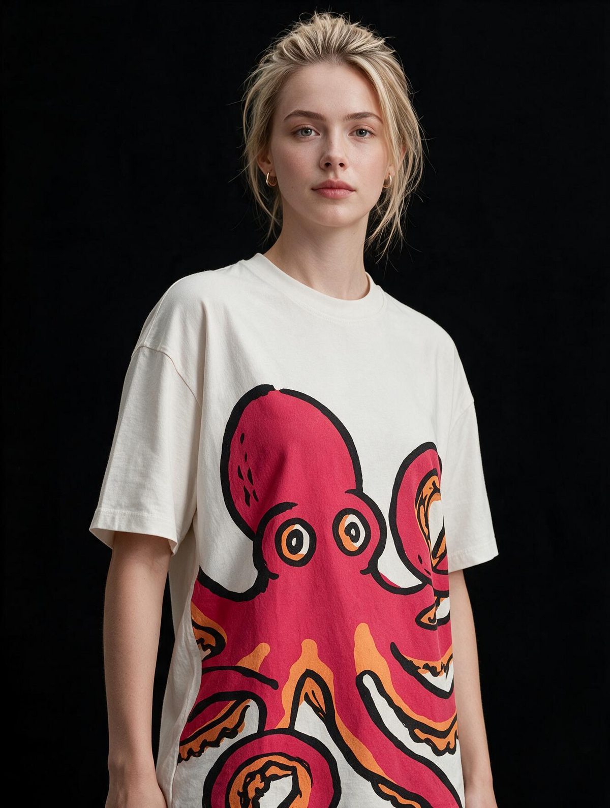 Red Chill Octopus Printed Pure Cotton Oversized Off White T-shirt