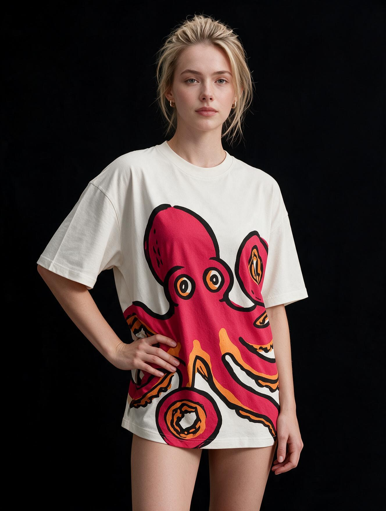 Red Chill Octopus Printed Pure Cotton Oversized Off White T-shirt