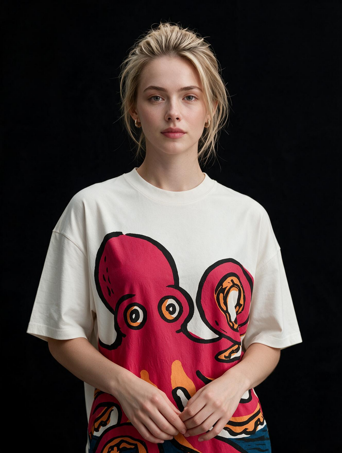 Red Chill Octopus Printed Pure Cotton Oversized Off White T-shirt