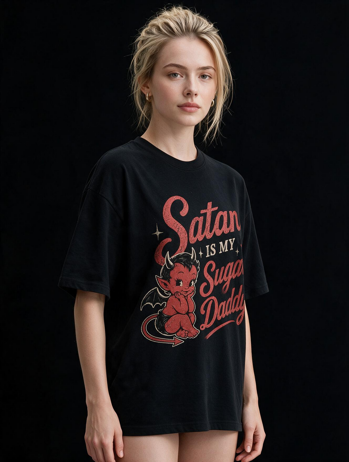 Satan Is My Sugar Daddy Printed Pure Cotton Oversized Black T-shirt