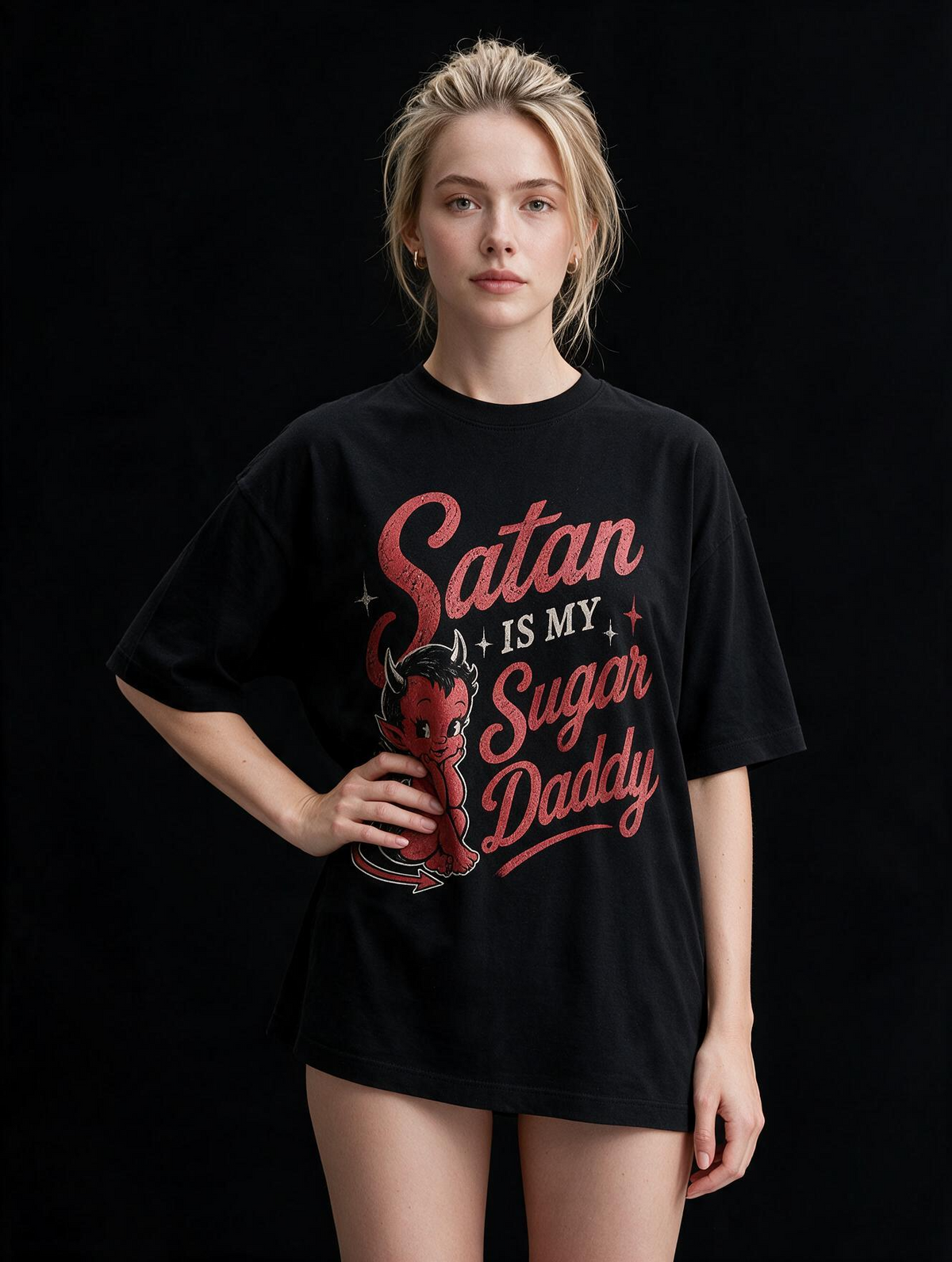 Satan Is My Sugar Daddy Printed Pure Cotton Oversized Black T-shirt