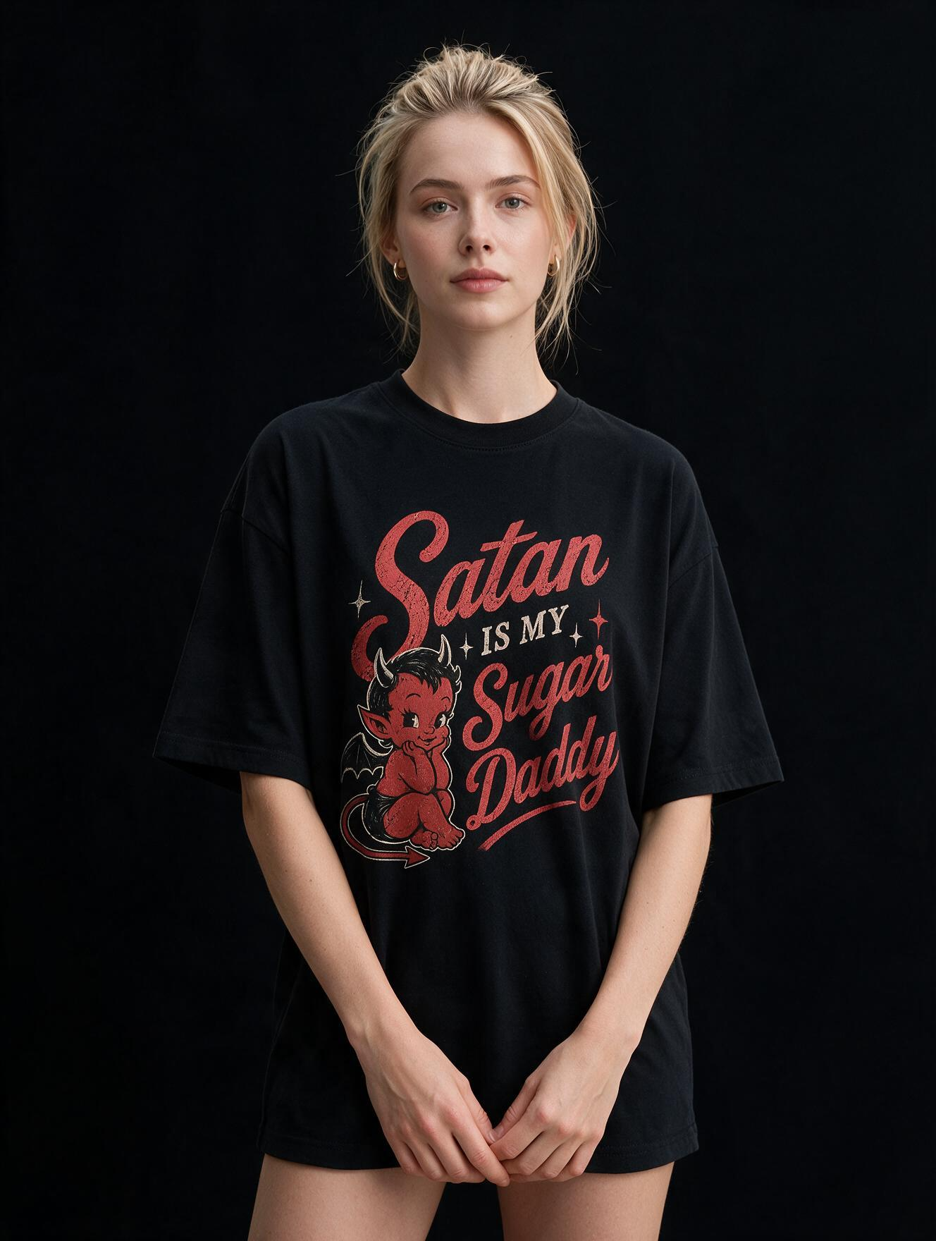 Satan Is My Sugar Daddy Printed Pure Cotton Oversized Black T-shirt