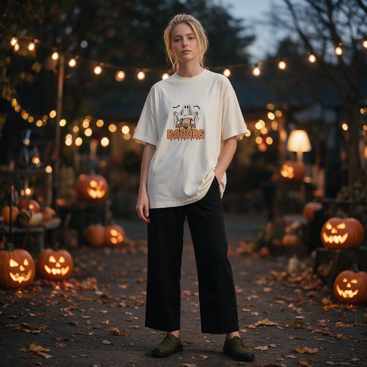 Show Me Your Boo Printed Pure Cotton Oversized Off White T-shirt