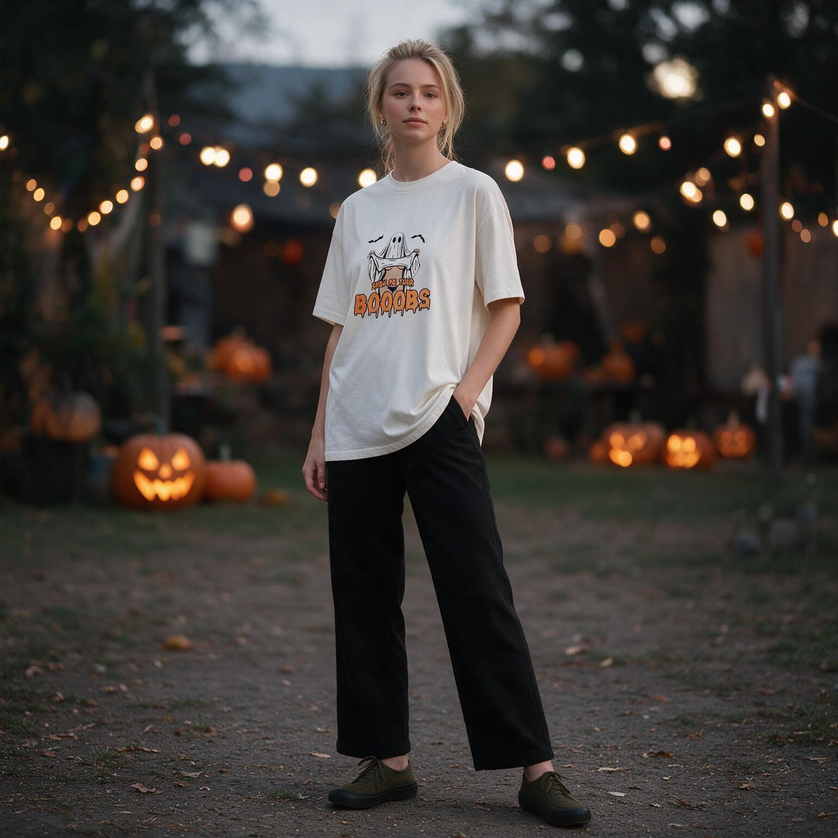 Show Me Your Boo Printed Pure Cotton Oversized Off White T-shirt