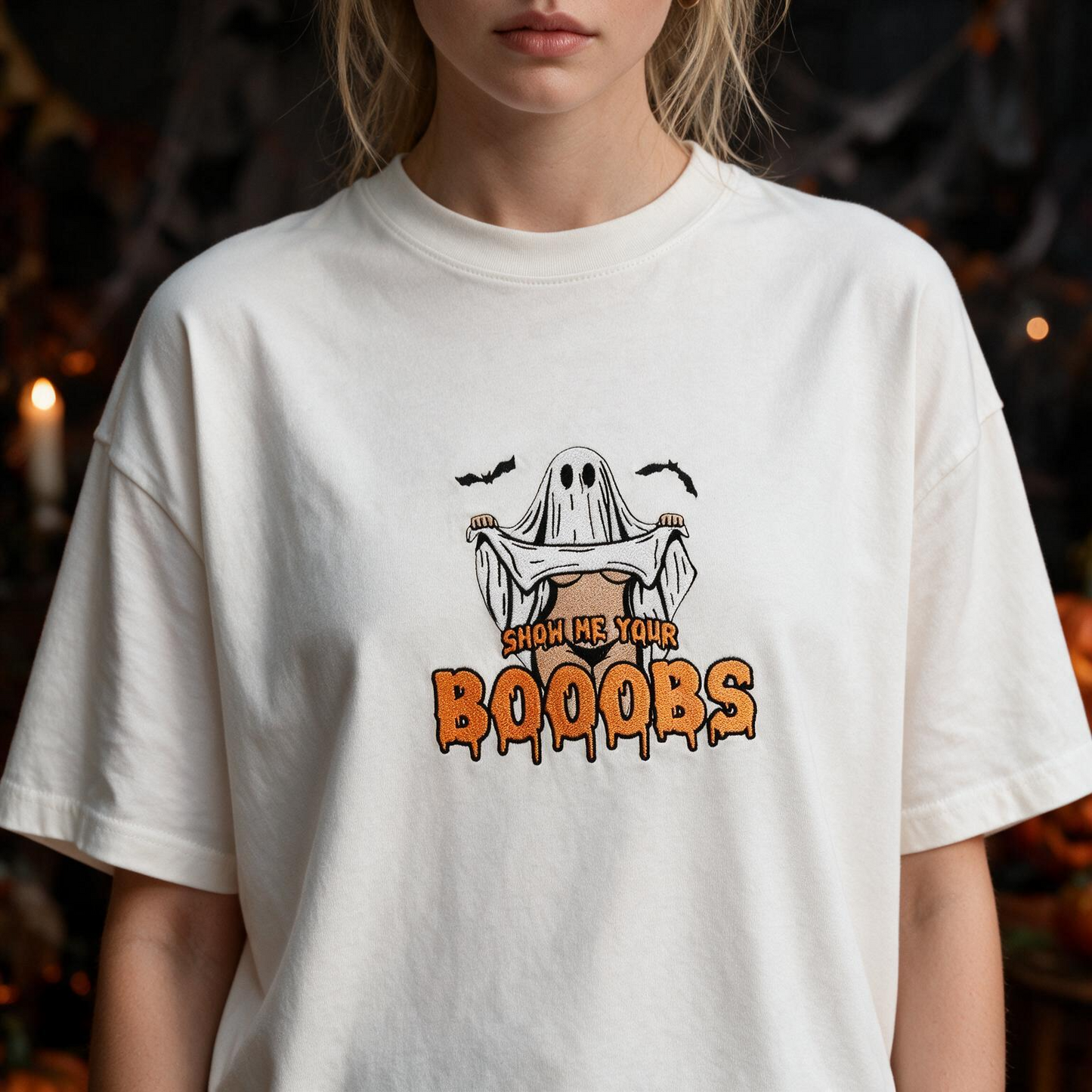 Show Me Your Boo Printed Pure Cotton Oversized Off White T-shirt