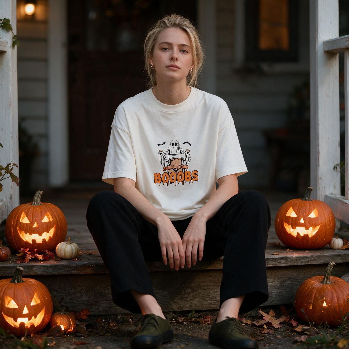 Show Me Your Boo Printed Pure Cotton Oversized Off White T-shirt