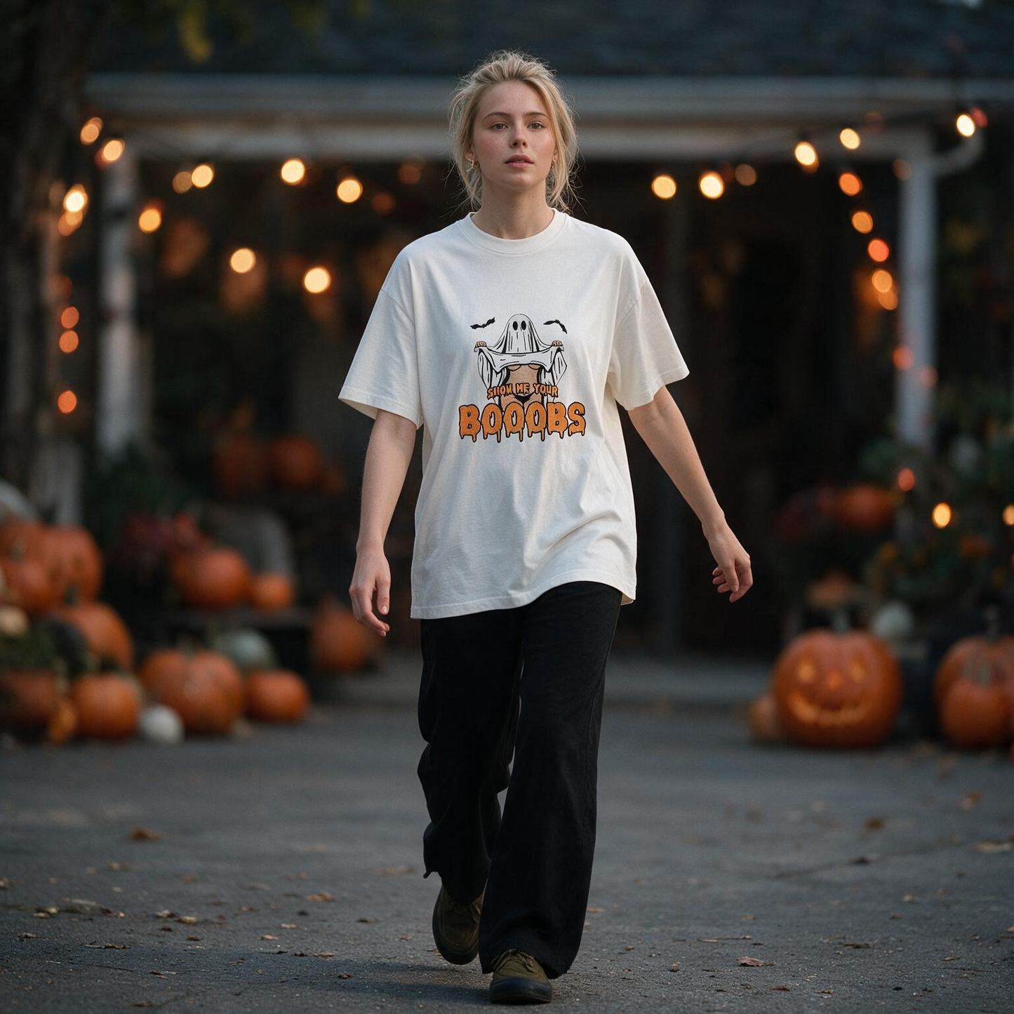 Show Me Your Boo Printed Pure Cotton Oversized Off White T-shirt