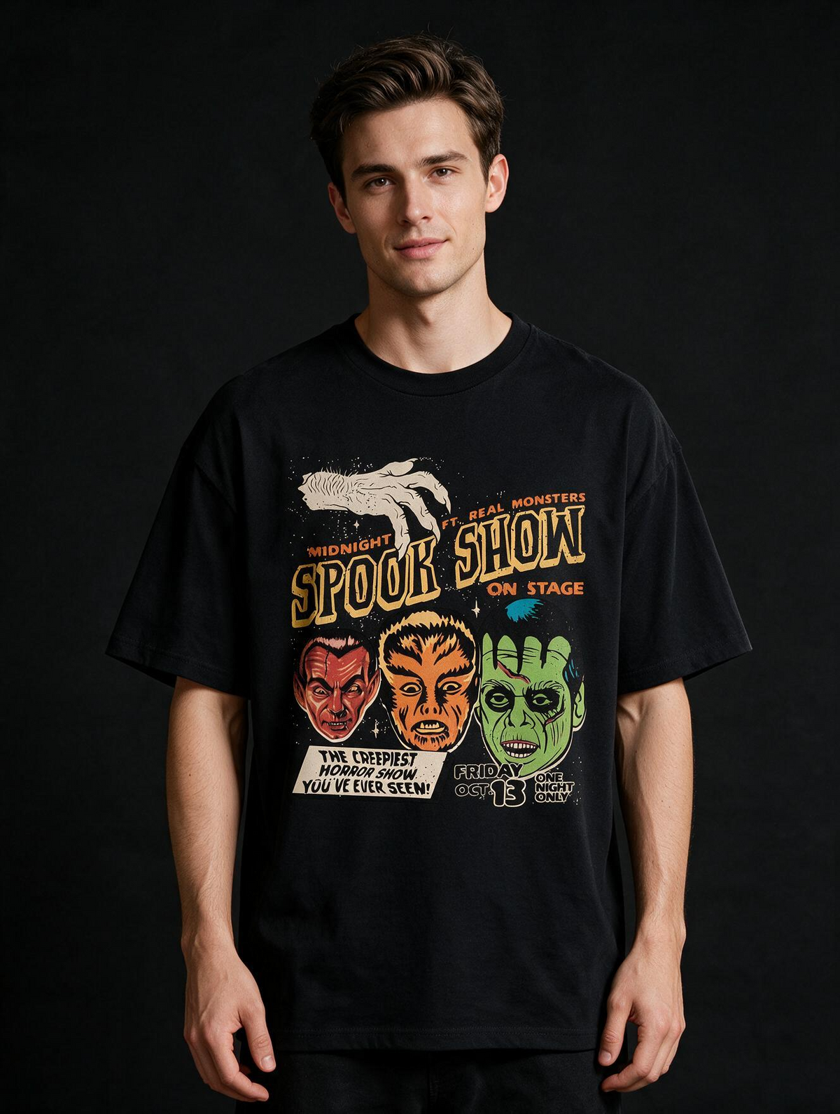 Midnight Spook Show Printed Pure Cotton Oversized Black T-shirt